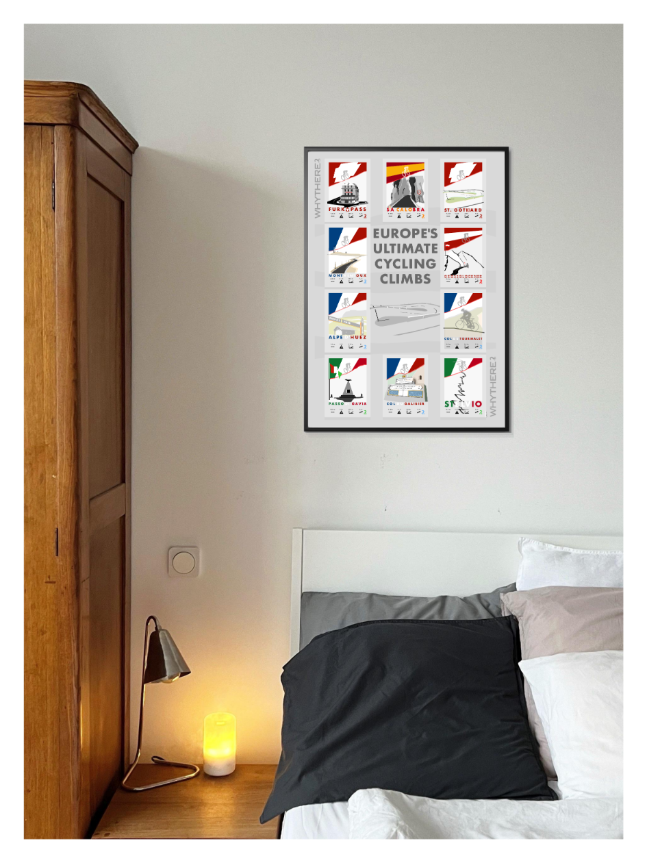 Najtrudniejsze podjazdy Europy - Plakat rowery WHYTHERE? 48cm x 68cm