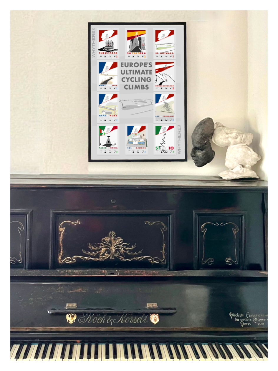 Najtrudniejsze podjazdy Europy - Plakat rowery WHYTHERE? 48cm x 68cm